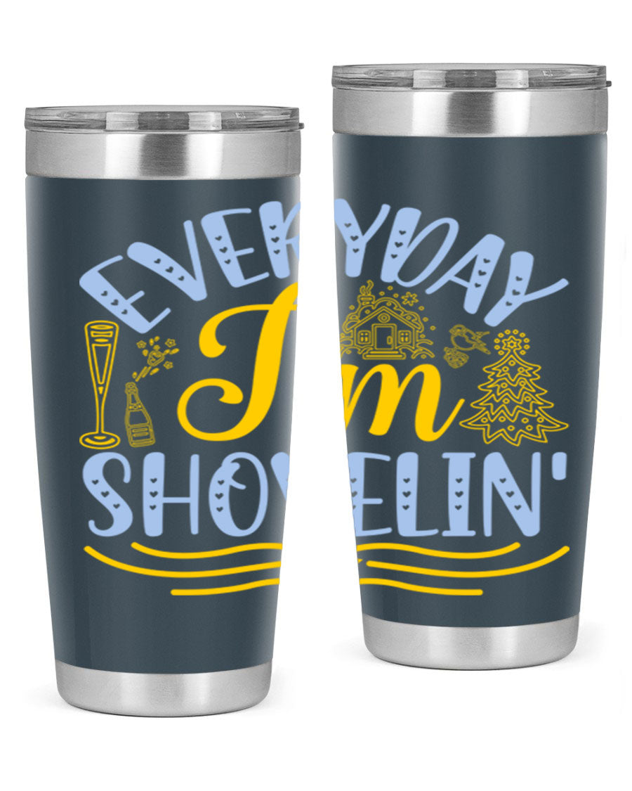 Everyday I'm Shovelin102# winter tumbler in stainless steel with a drink-thru lid, showcasing its sleek design and vibrant print.