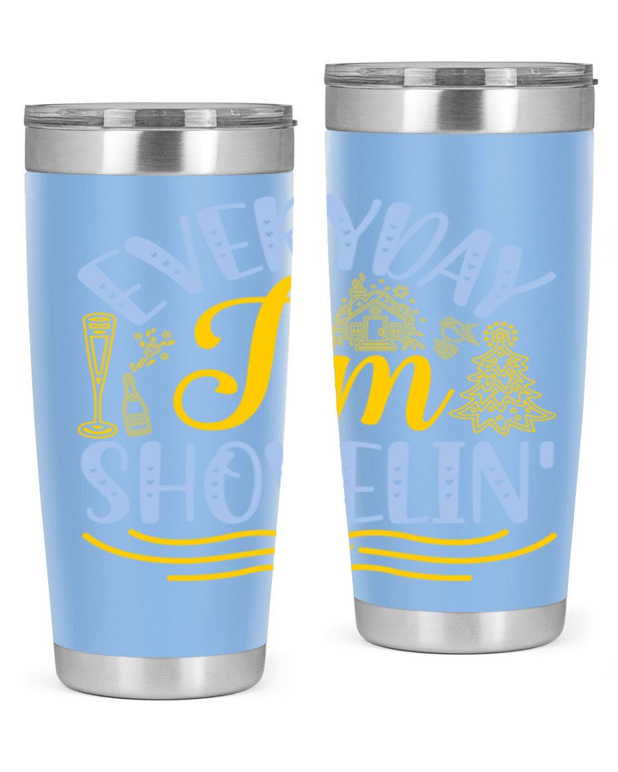 Everyday I'm Shovelin102# winter tumbler in stainless steel with a drink-thru lid, showcasing its sleek design and vibrant print.