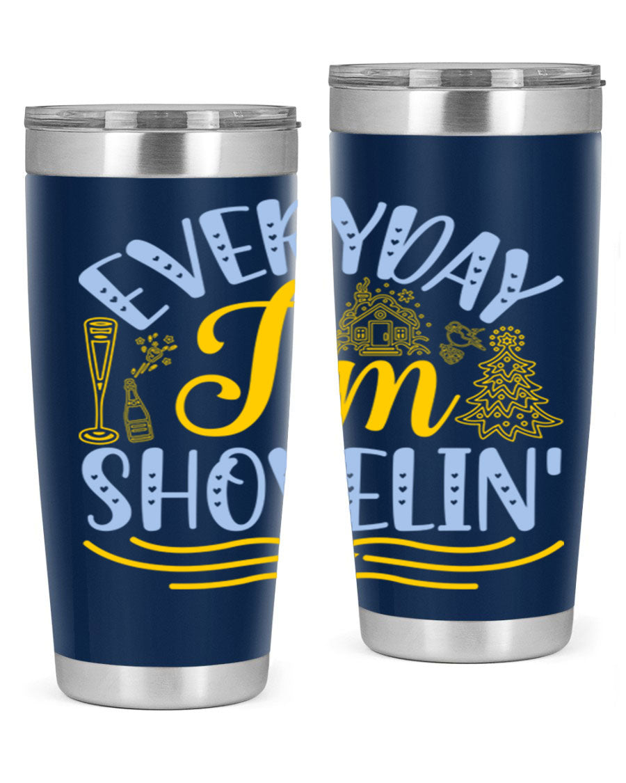 Everyday I'm Shovelin102# winter tumbler in stainless steel with a drink-thru lid, showcasing its sleek design and vibrant print.