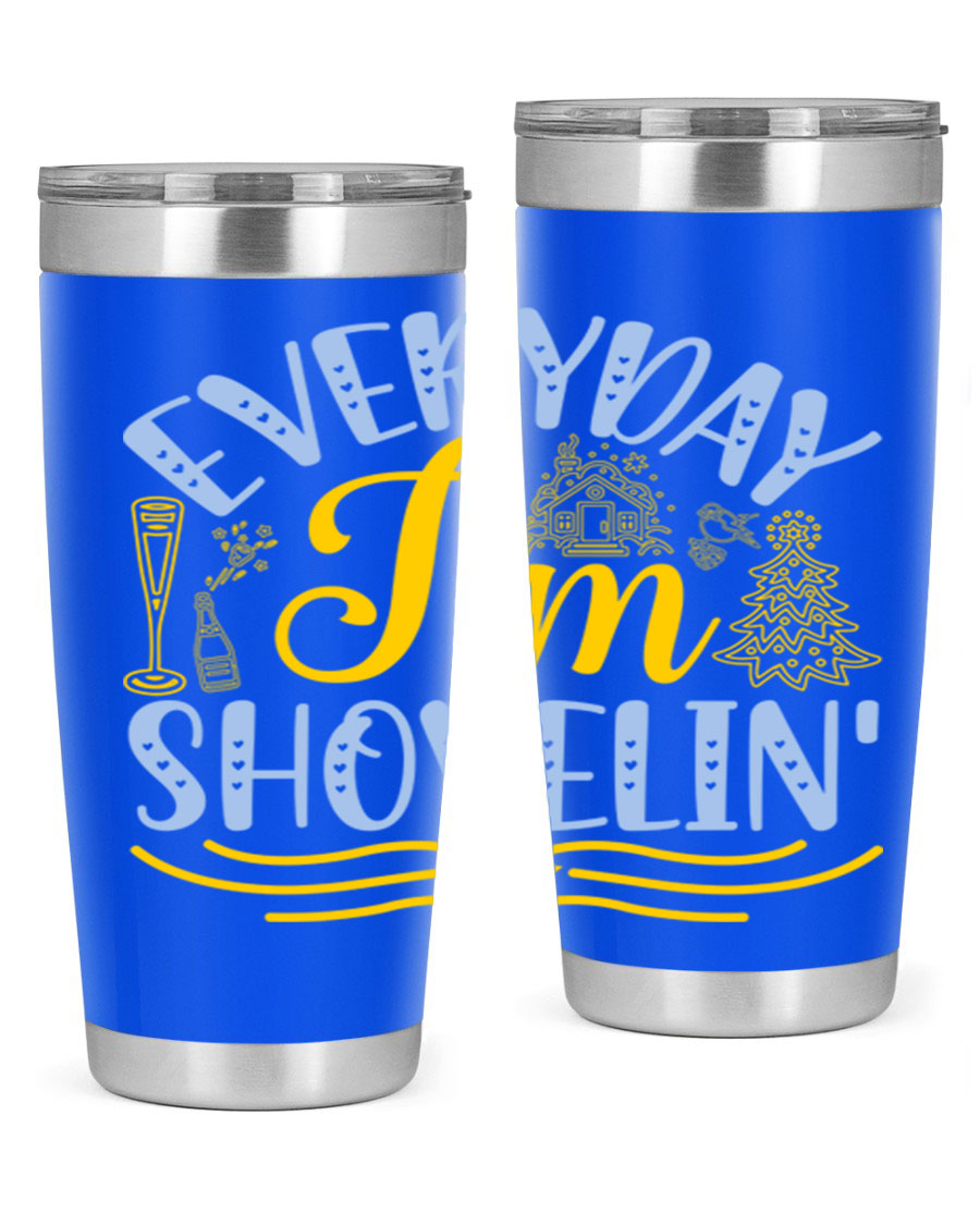 Everyday I'm Shovelin102# winter tumbler in stainless steel with a drink-thru lid, showcasing its sleek design and vibrant print.