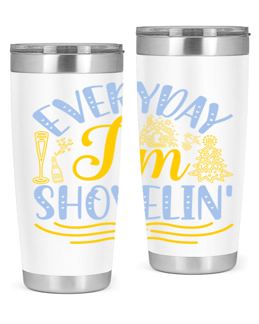 Everyday I'm Shovelin102# winter tumbler in stainless steel with a drink-thru lid, showcasing its sleek design and vibrant print.