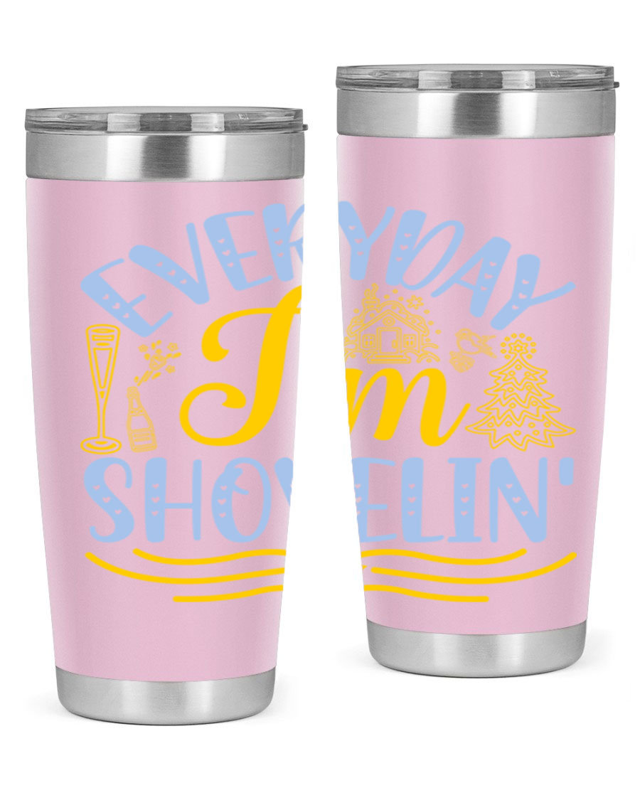 Everyday I'm Shovelin102# winter tumbler in stainless steel with a drink-thru lid, showcasing its sleek design and vibrant print.
