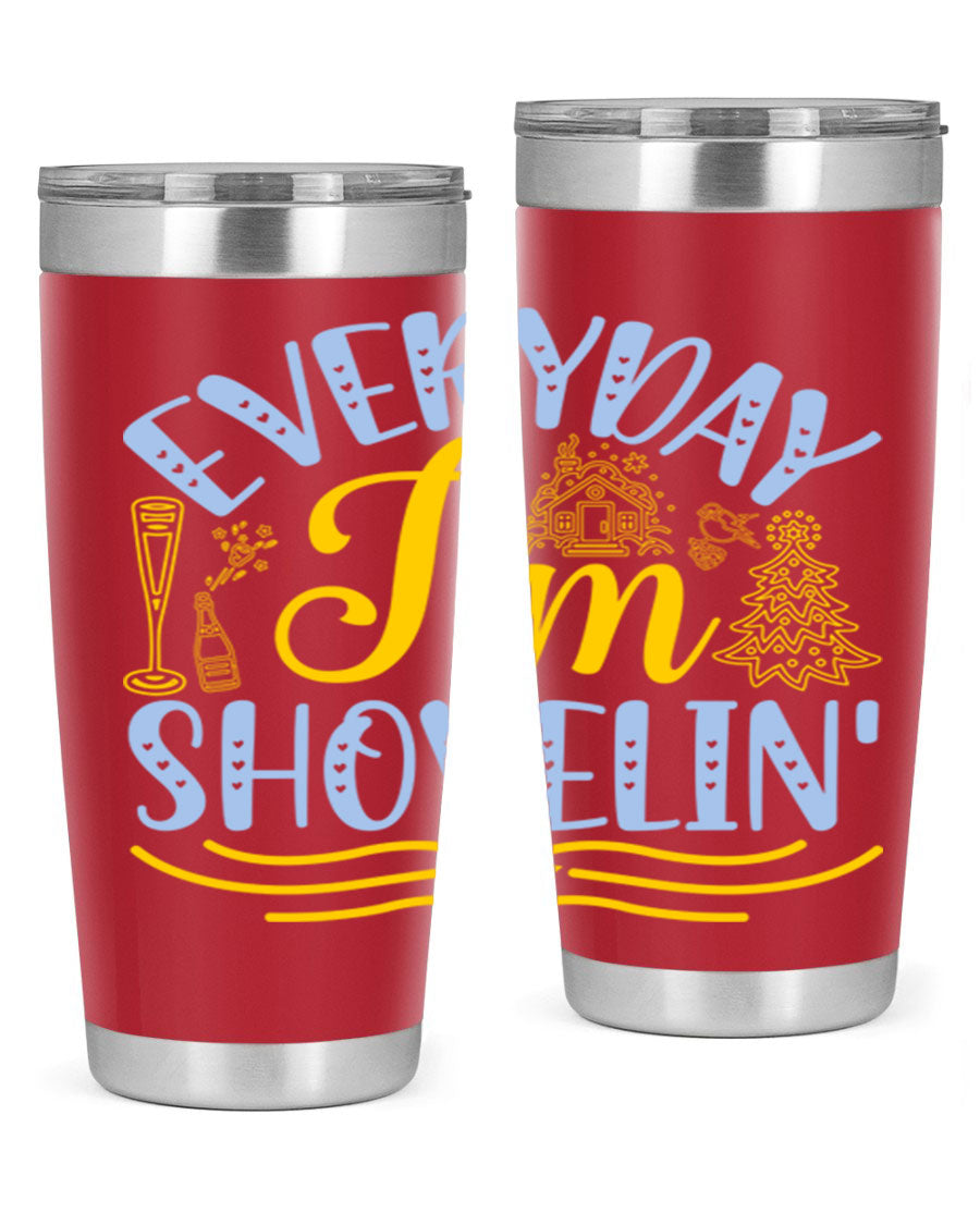 Everyday I'm Shovelin102# winter tumbler in stainless steel with a drink-thru lid, showcasing its sleek design and vibrant print.