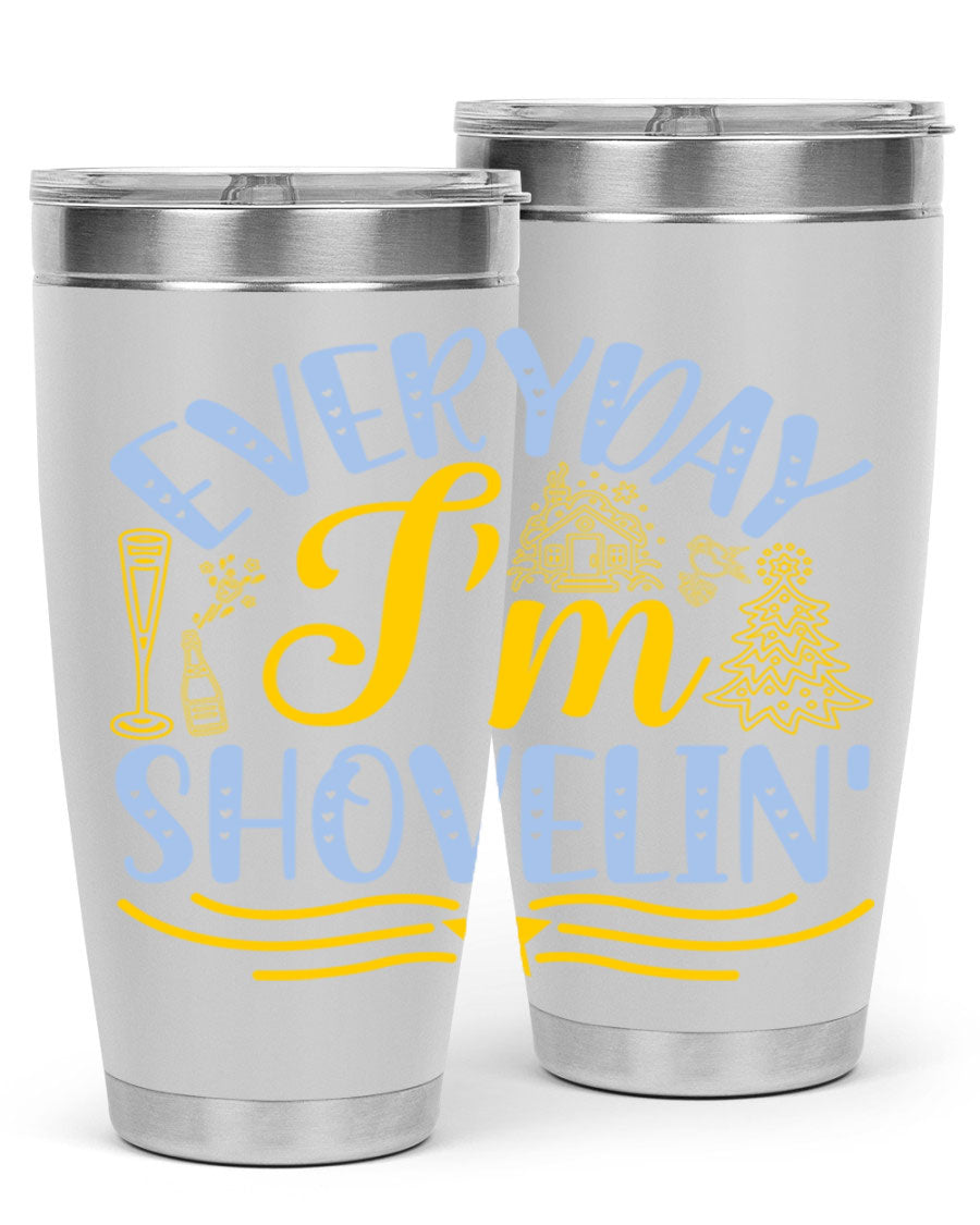 Everyday I'm Shovelin102# winter tumbler in stainless steel with a drink-thru lid, showcasing its sleek design and vibrant print.