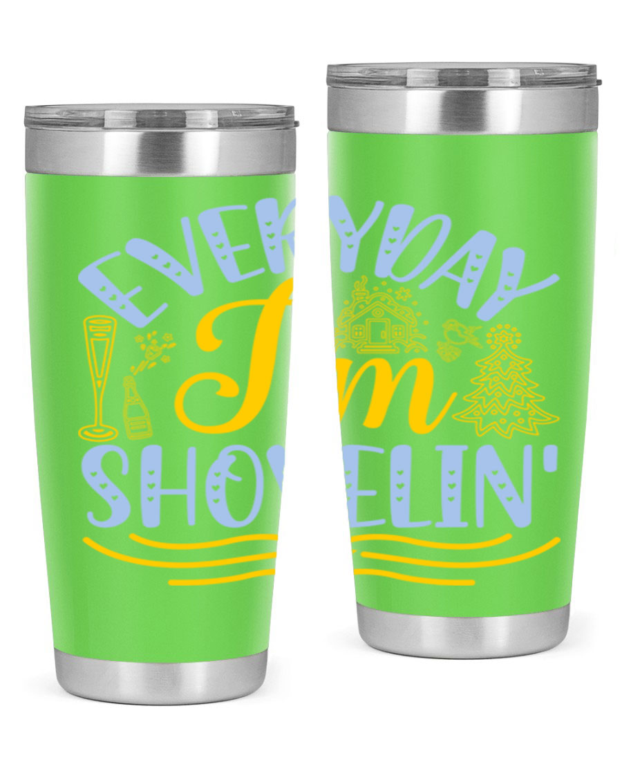 Everyday I'm Shovelin102# winter tumbler in stainless steel with a drink-thru lid, showcasing its sleek design and vibrant print.