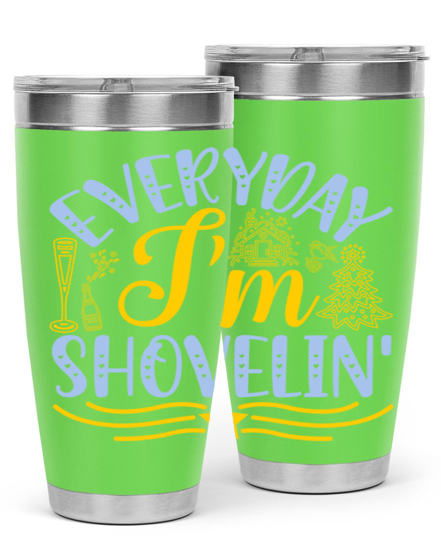 Everyday I'm Shovelin102# winter tumbler in stainless steel with a drink-thru lid, showcasing its sleek design and vibrant print.