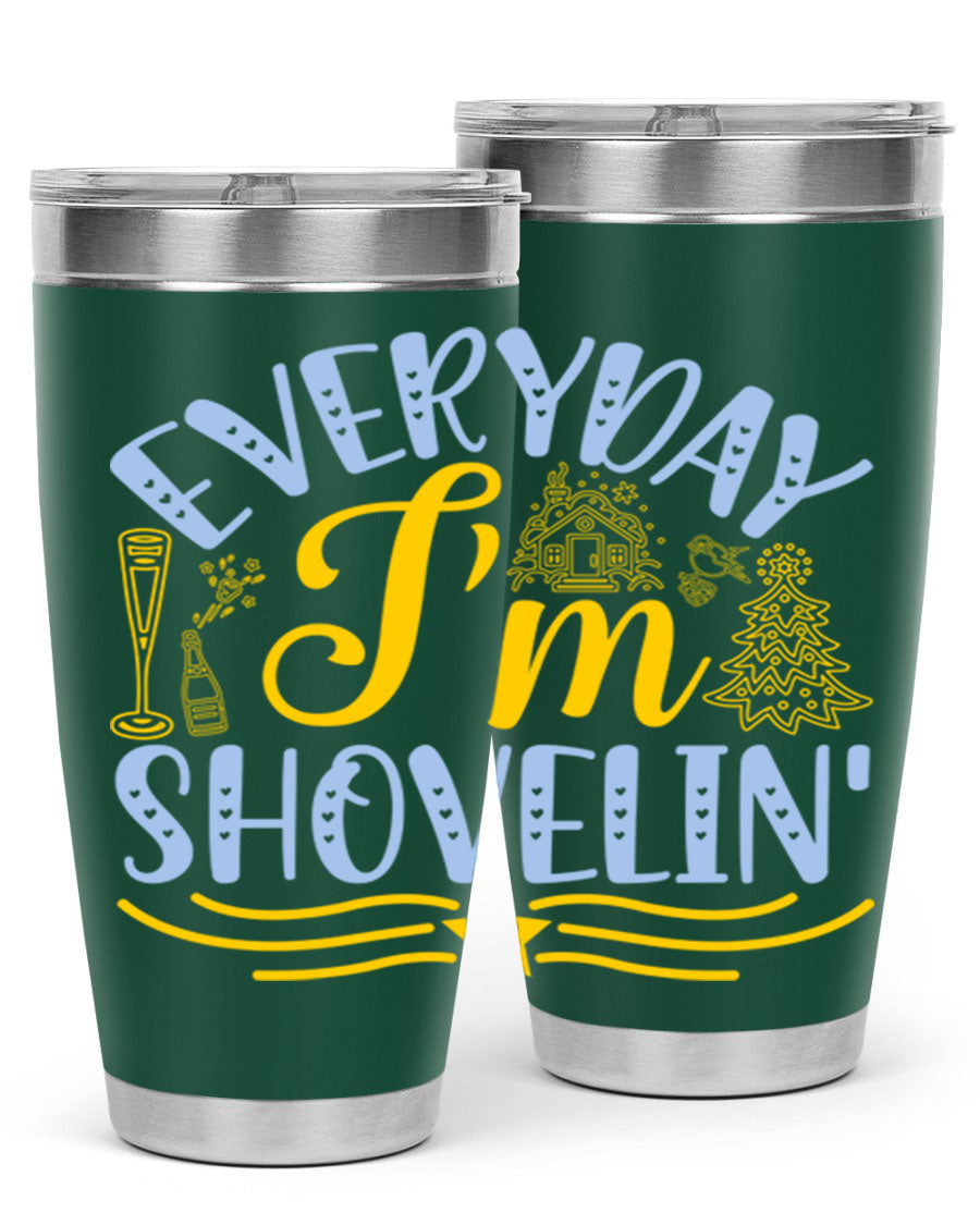 Everyday I'm Shovelin102# winter tumbler in stainless steel with a drink-thru lid, showcasing its sleek design and vibrant print.