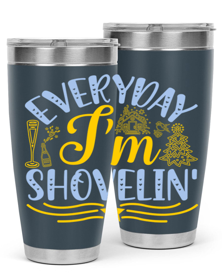 Everyday I'm Shovelin102# winter tumbler in stainless steel with a drink-thru lid, showcasing its sleek design and vibrant print.