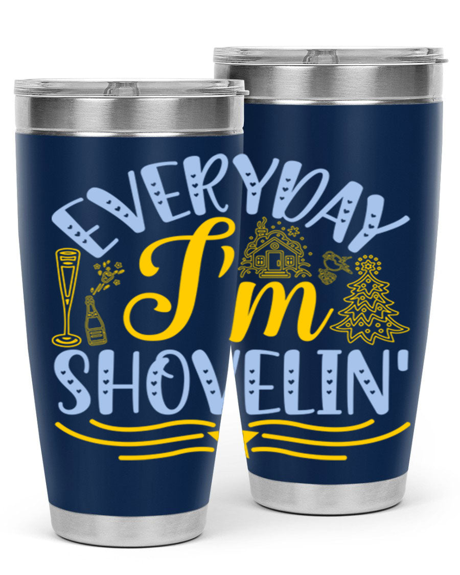 Everyday I'm Shovelin102# winter tumbler in stainless steel with a drink-thru lid, showcasing its sleek design and vibrant print.