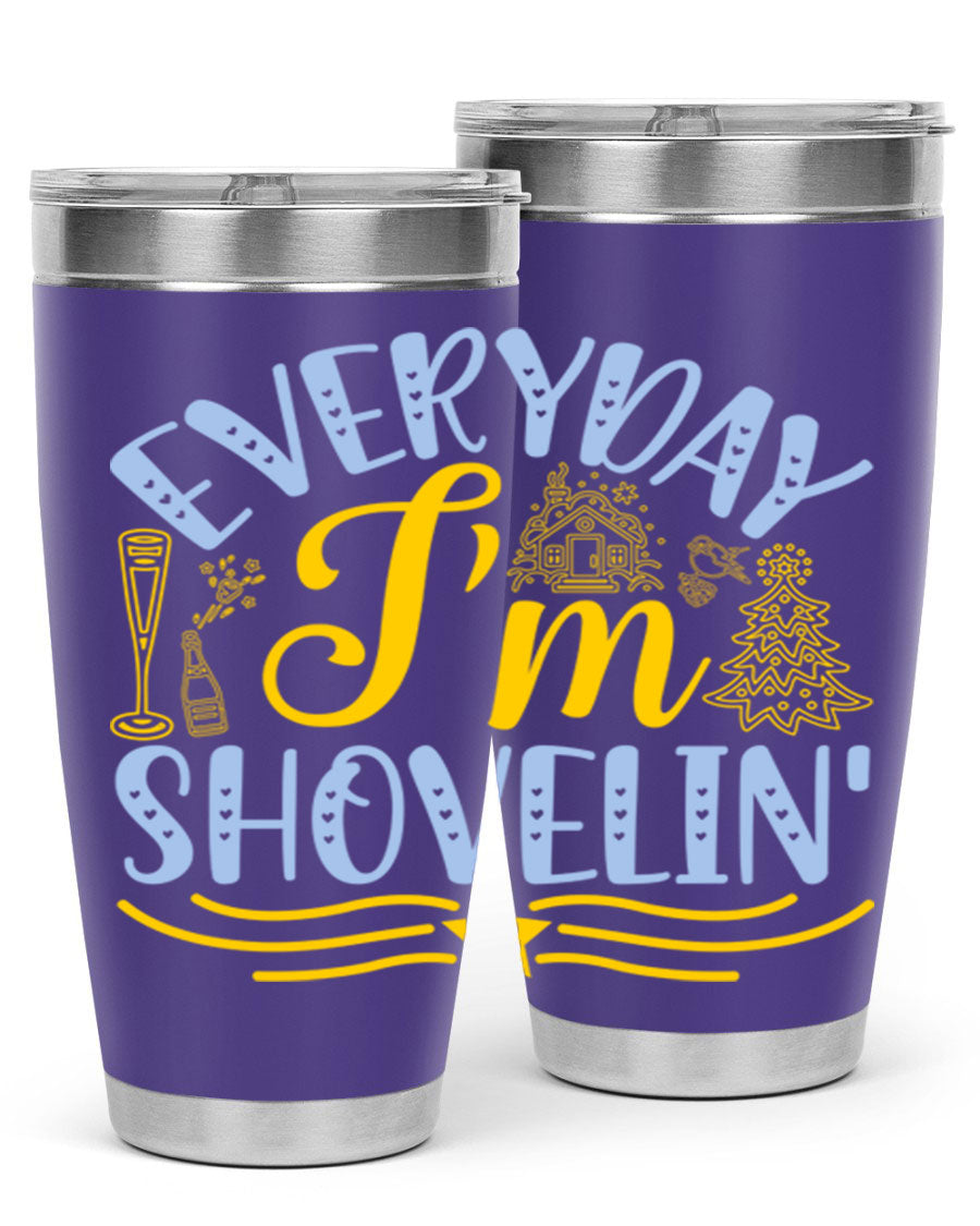 Everyday I'm Shovelin102# winter tumbler in stainless steel with a drink-thru lid, showcasing its sleek design and vibrant print.