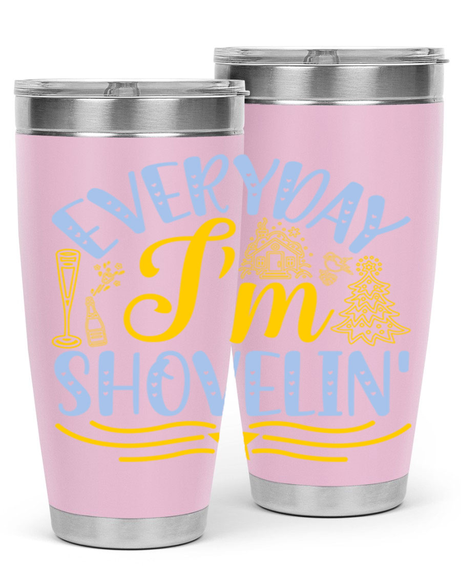 Everyday I'm Shovelin102# winter tumbler in stainless steel with a drink-thru lid, showcasing its sleek design and vibrant print.