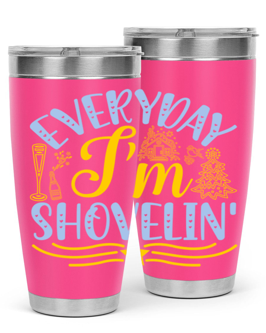 Everyday I'm Shovelin102# winter tumbler in stainless steel with a drink-thru lid, showcasing its sleek design and vibrant print.