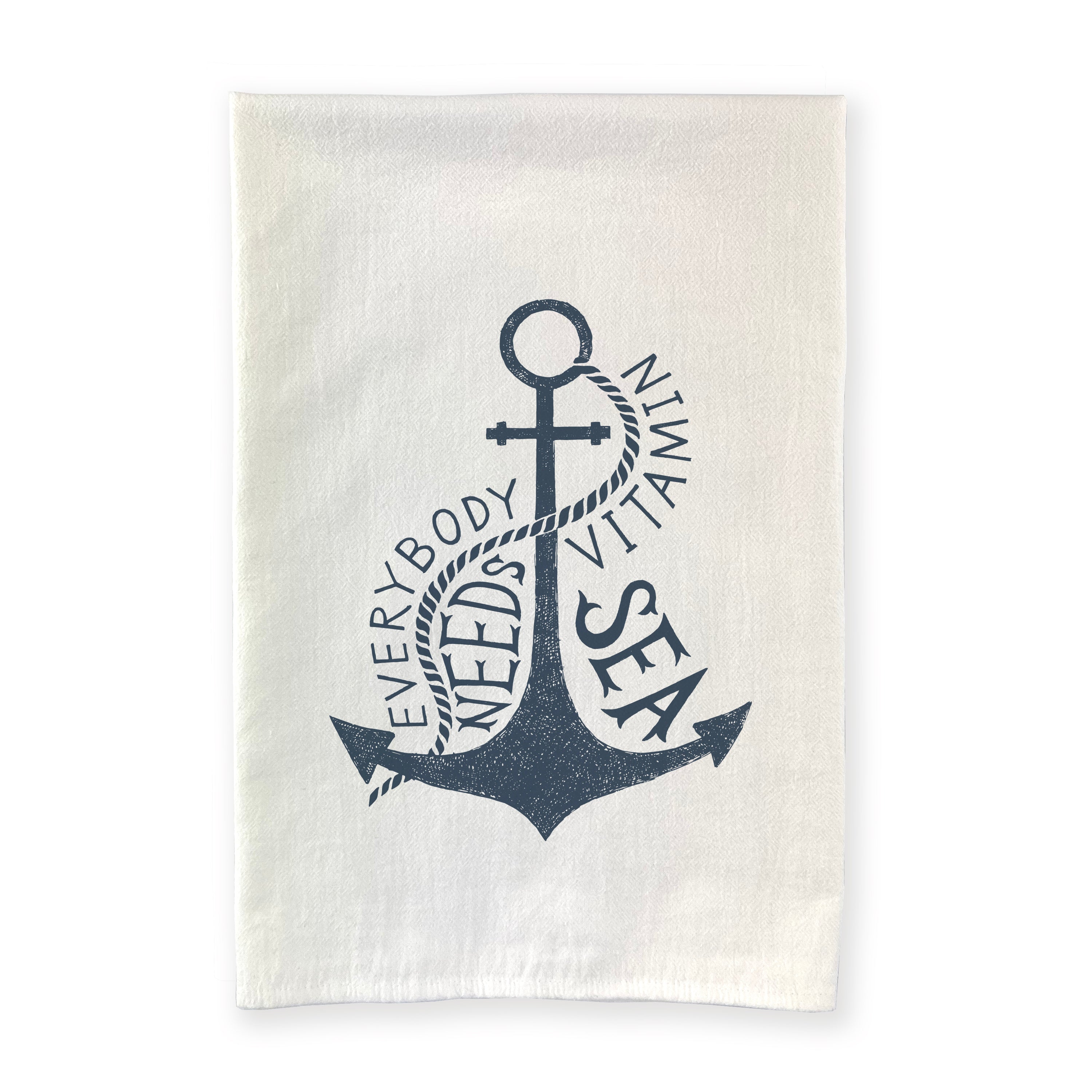 Cotton tea towel featuring 'Everyone Needs Vitamin Sea' design, vibrant colors, and hemmed edges, perfect for kitchen use.