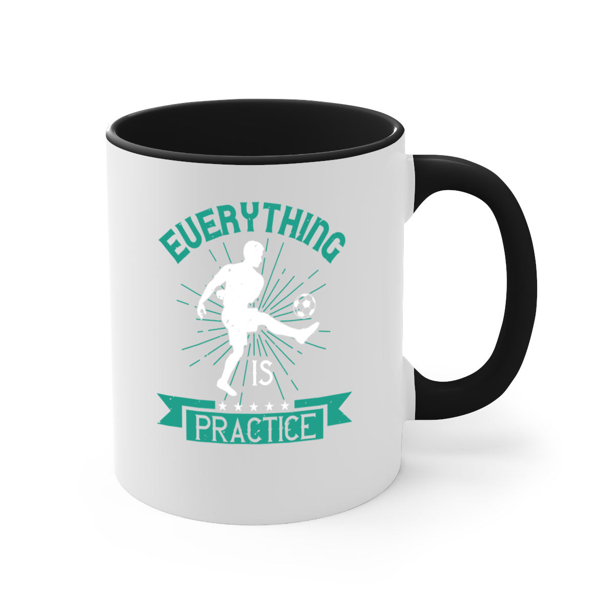 Everything is Practice 1260# Soccer Mug with a glossy finish, available in multiple colors and sizes, featuring a C-shaped handle.