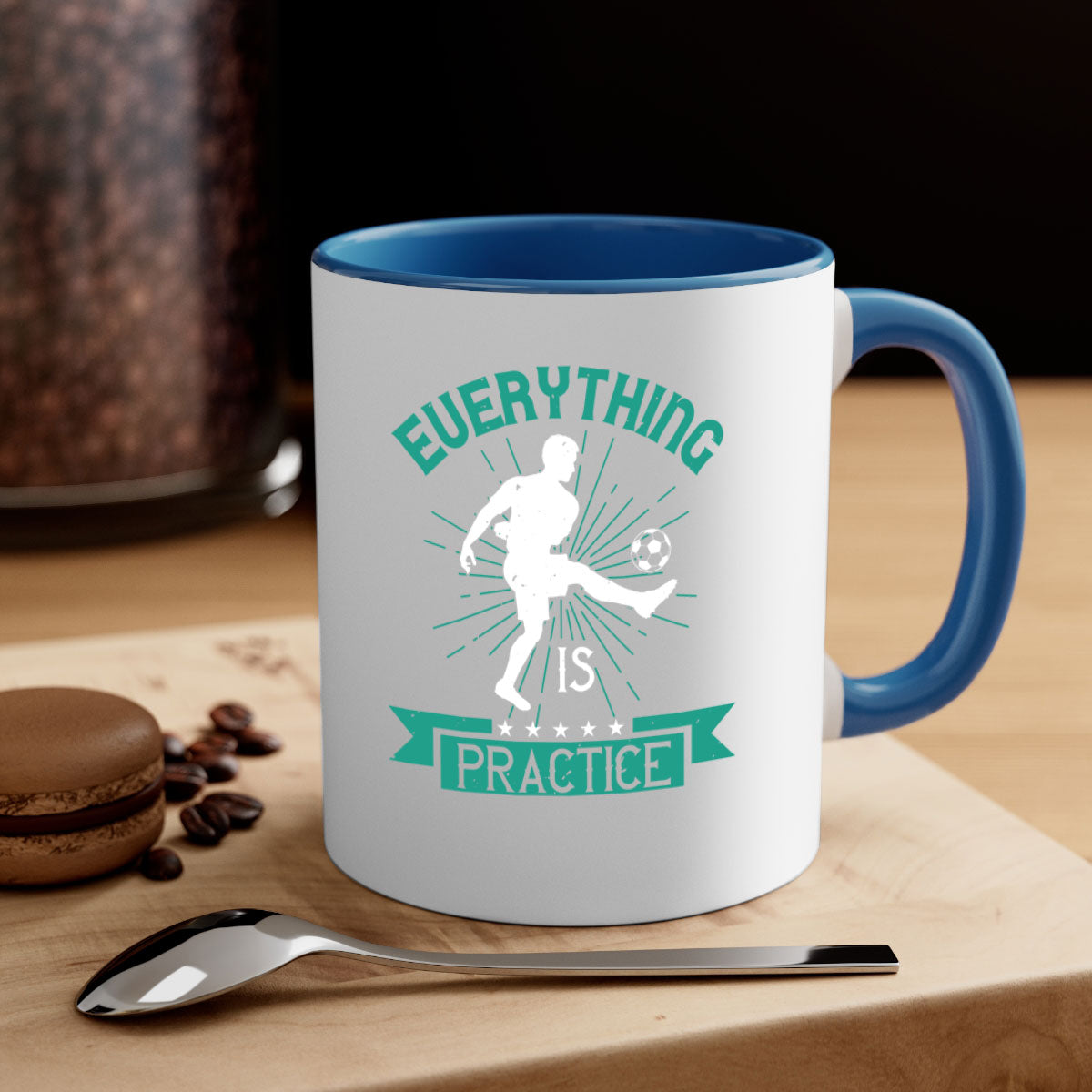 Everything is Practice 1260# Soccer Mug with a glossy finish, available in multiple colors and sizes, featuring a C-shaped handle.