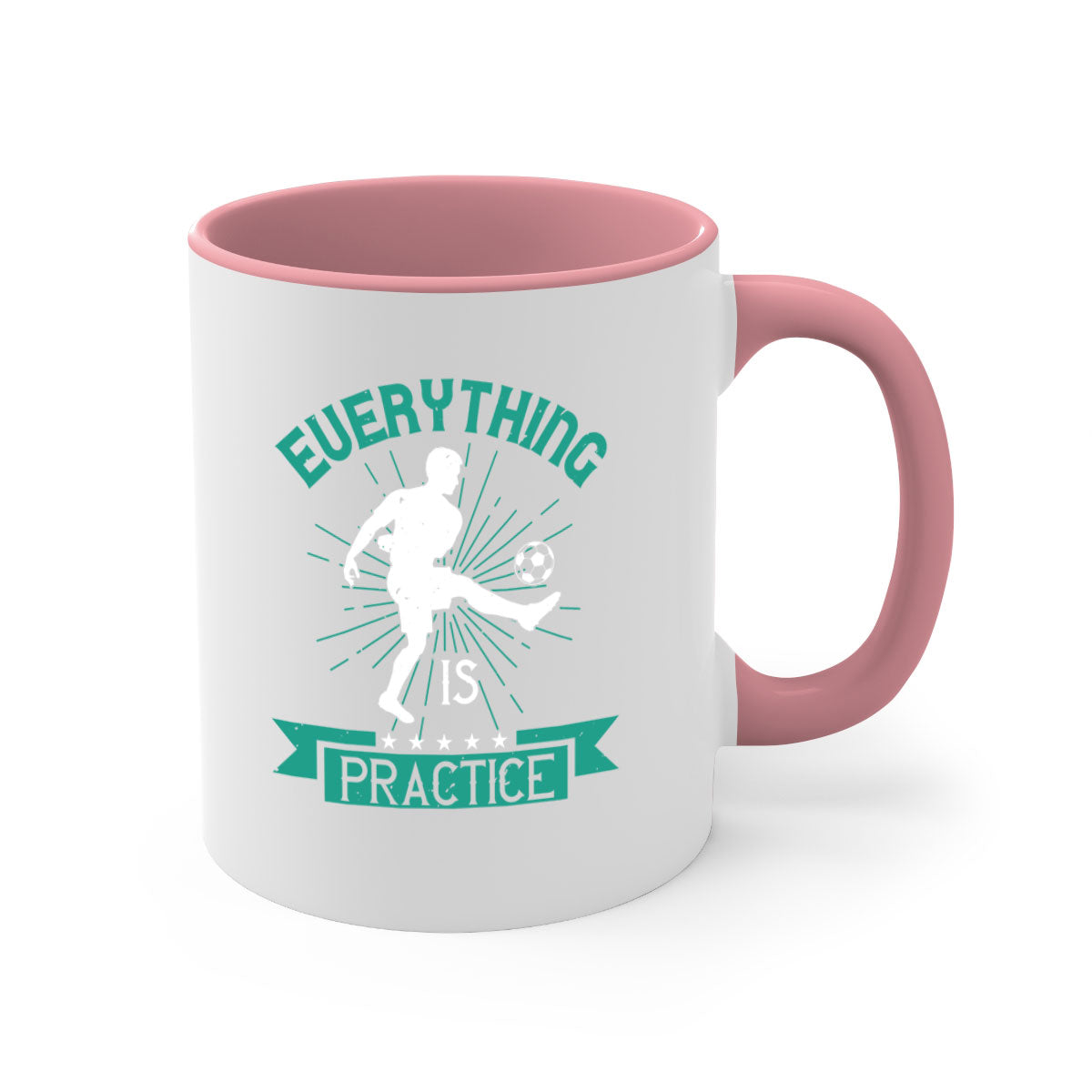 Everything is Practice 1260# Soccer Mug with a glossy finish, available in multiple colors and sizes, featuring a C-shaped handle.