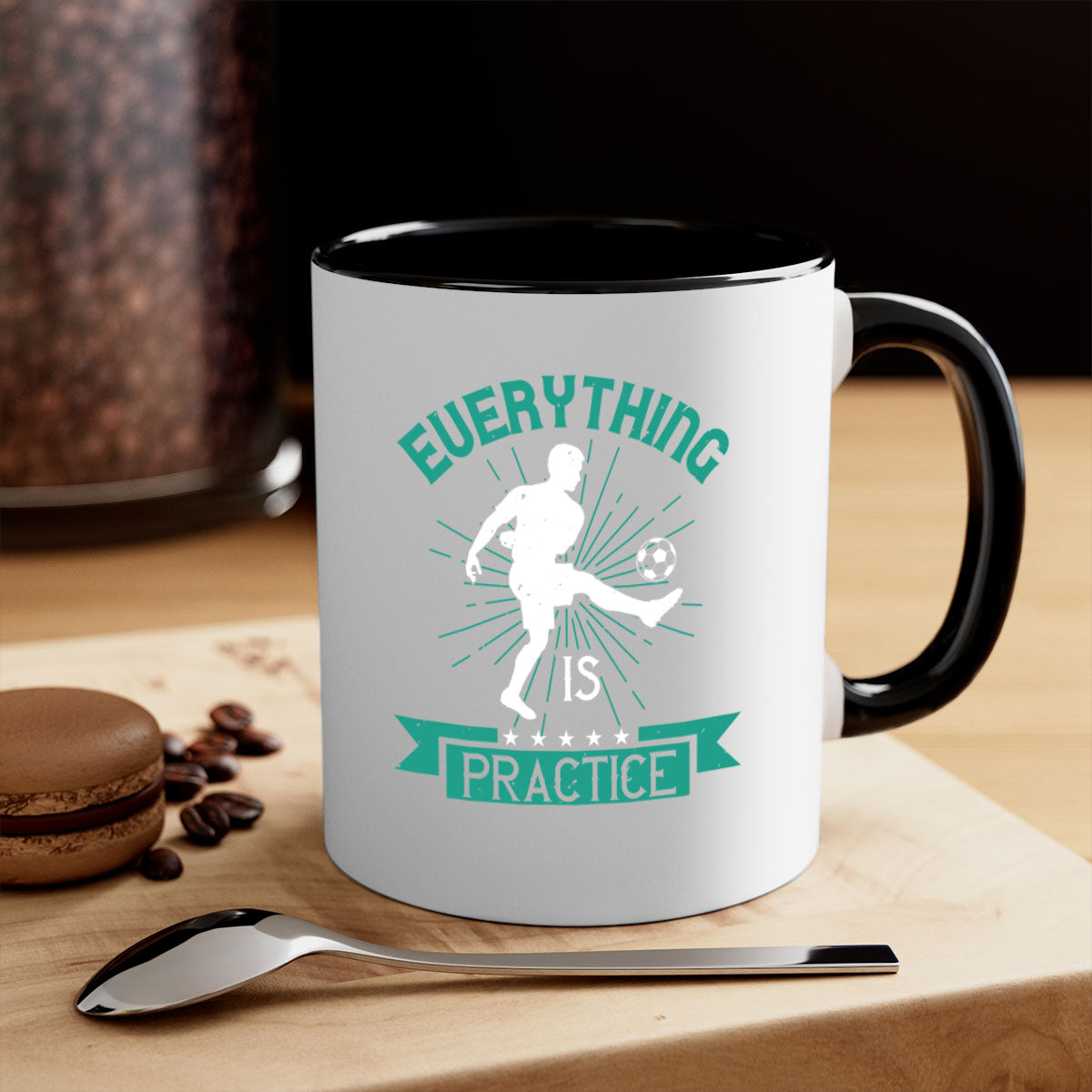 Everything is Practice 1260# Soccer Mug with a glossy finish, available in multiple colors and sizes, featuring a C-shaped handle.