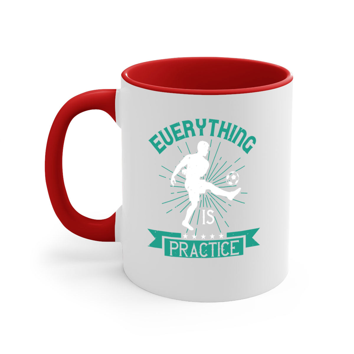 Everything is Practice 1260# Soccer Mug with a glossy finish, available in multiple colors and sizes, featuring a C-shaped handle.