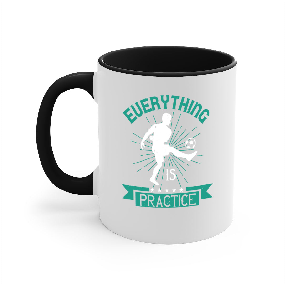Everything is Practice 1260# Soccer Mug with a glossy finish, available in multiple colors and sizes, featuring a C-shaped handle.