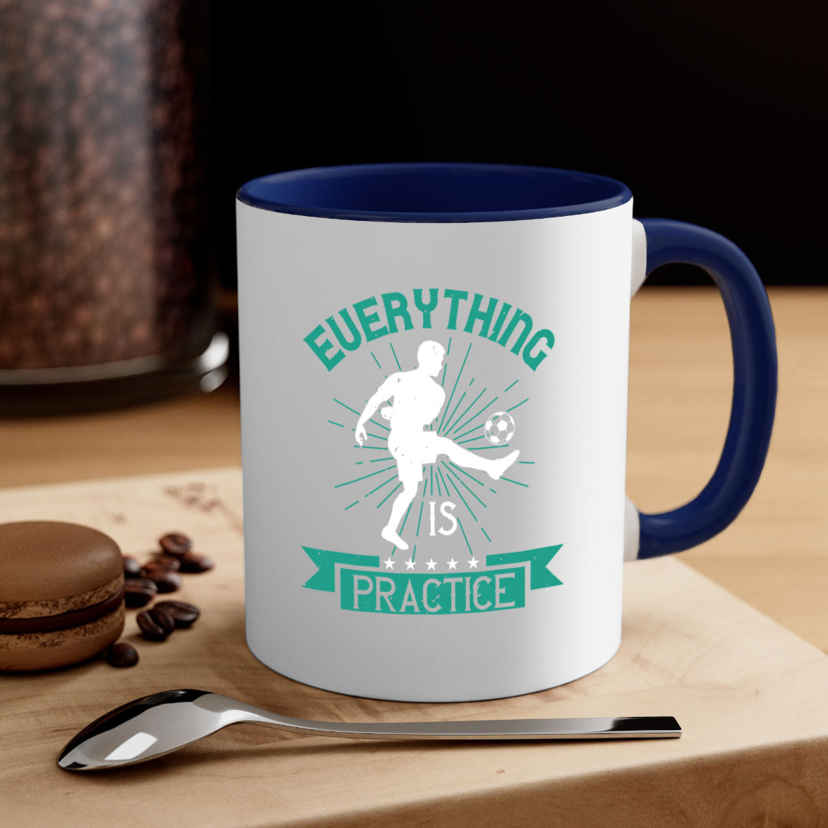 Everything is Practice 1260# Soccer Mug with a glossy finish, available in multiple colors and sizes, featuring a C-shaped handle.
