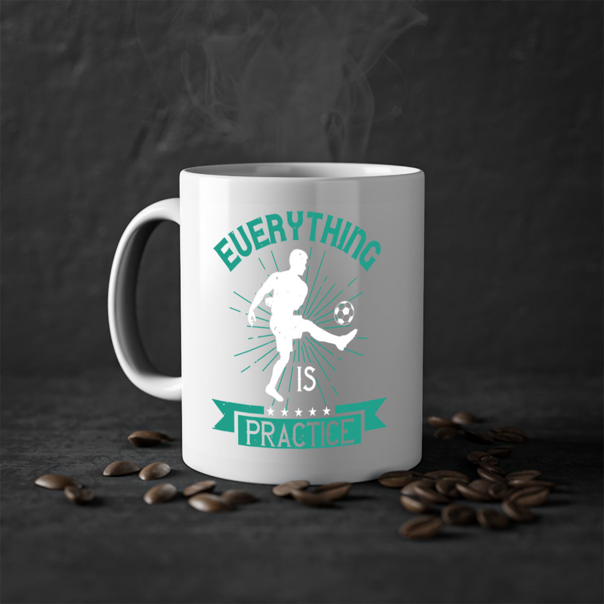 Everything is Practice 1260# Soccer Mug with a glossy finish, available in multiple colors and sizes, featuring a C-shaped handle.