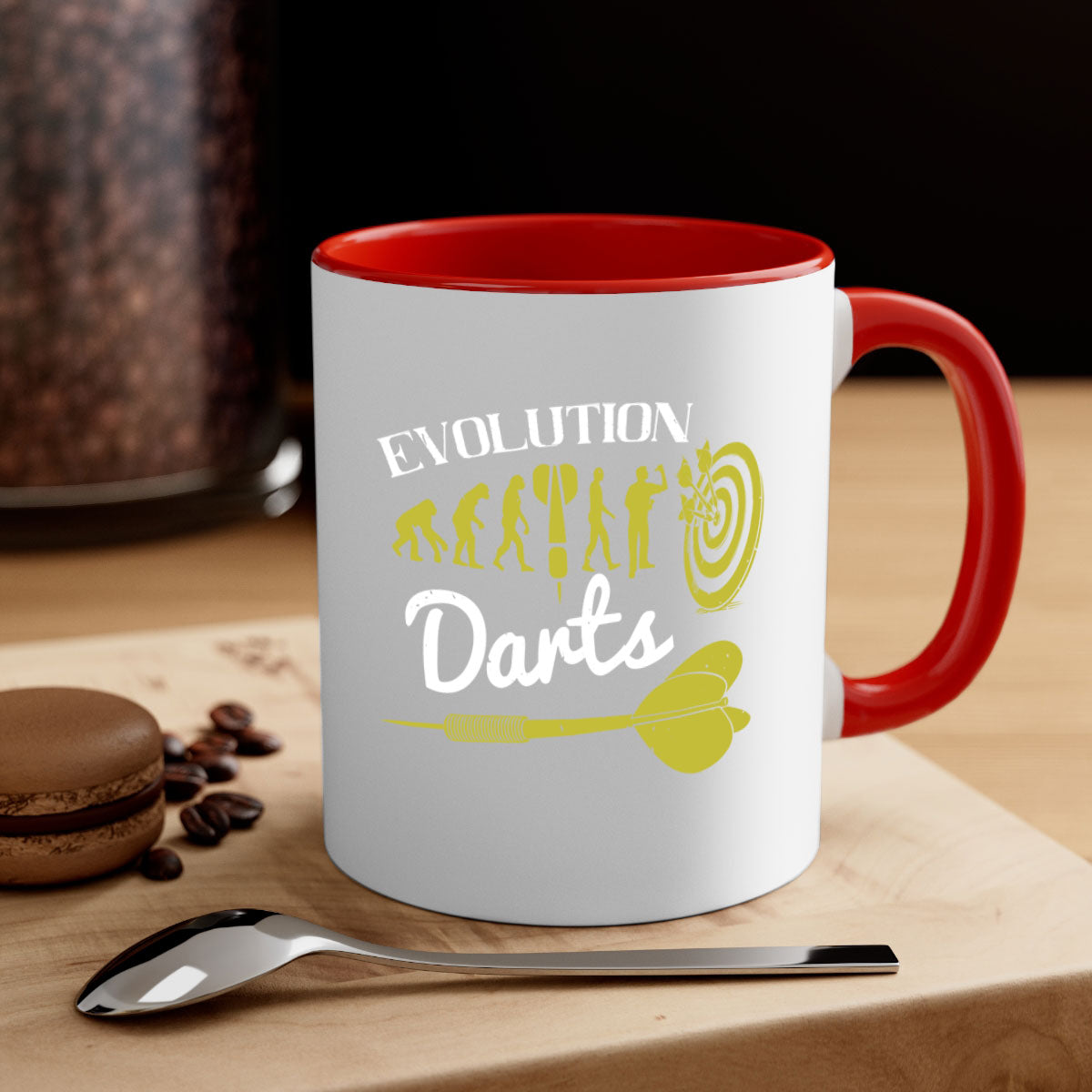 Evolution darts 2249# Mug with colorful handle and glossy finish, available in multiple colors and sizes.