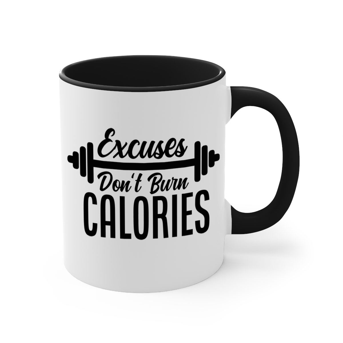 Excuses Don't Burn Calories 45# Gym Mug with a glossy finish and colorful handle, available in multiple sizes.