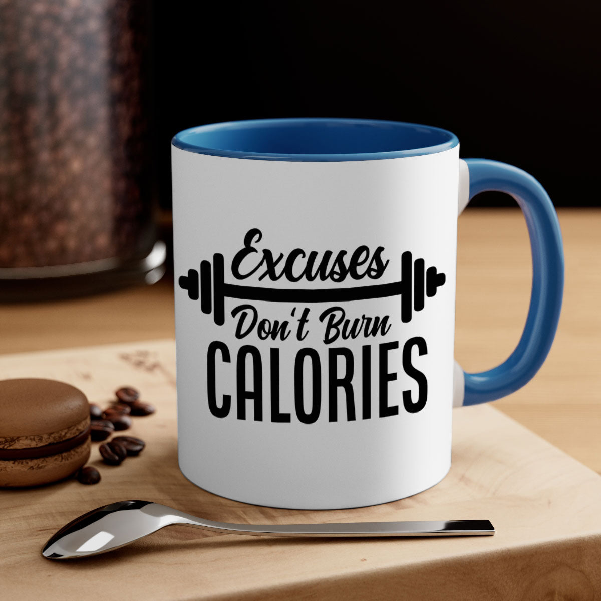 Excuses Don't Burn Calories 45# Gym Mug with a glossy finish and colorful handle, available in multiple sizes.