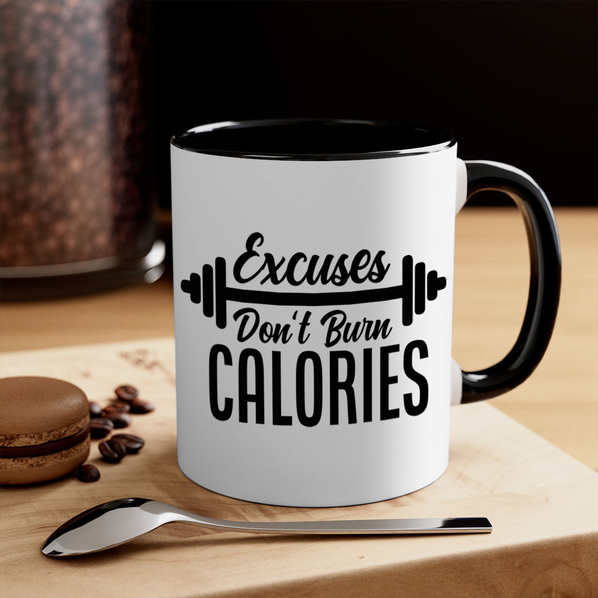 Excuses Don't Burn Calories 45# Gym Mug with a glossy finish and colorful handle, available in multiple sizes.