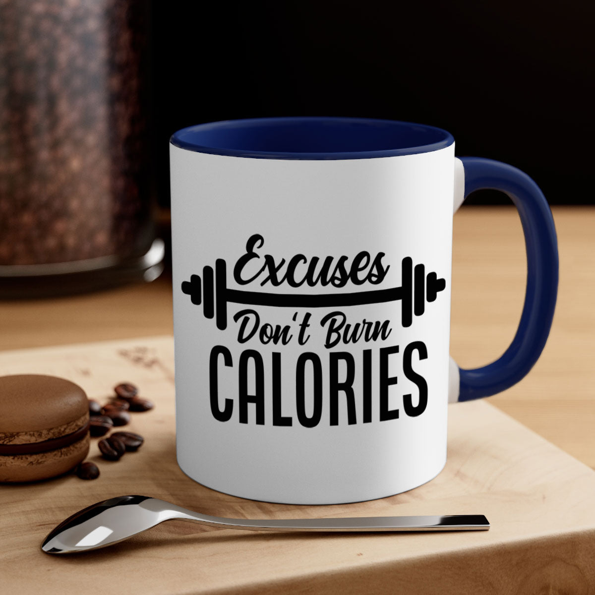 Excuses Don't Burn Calories 45# Gym Mug with a glossy finish and colorful handle, available in multiple sizes.
