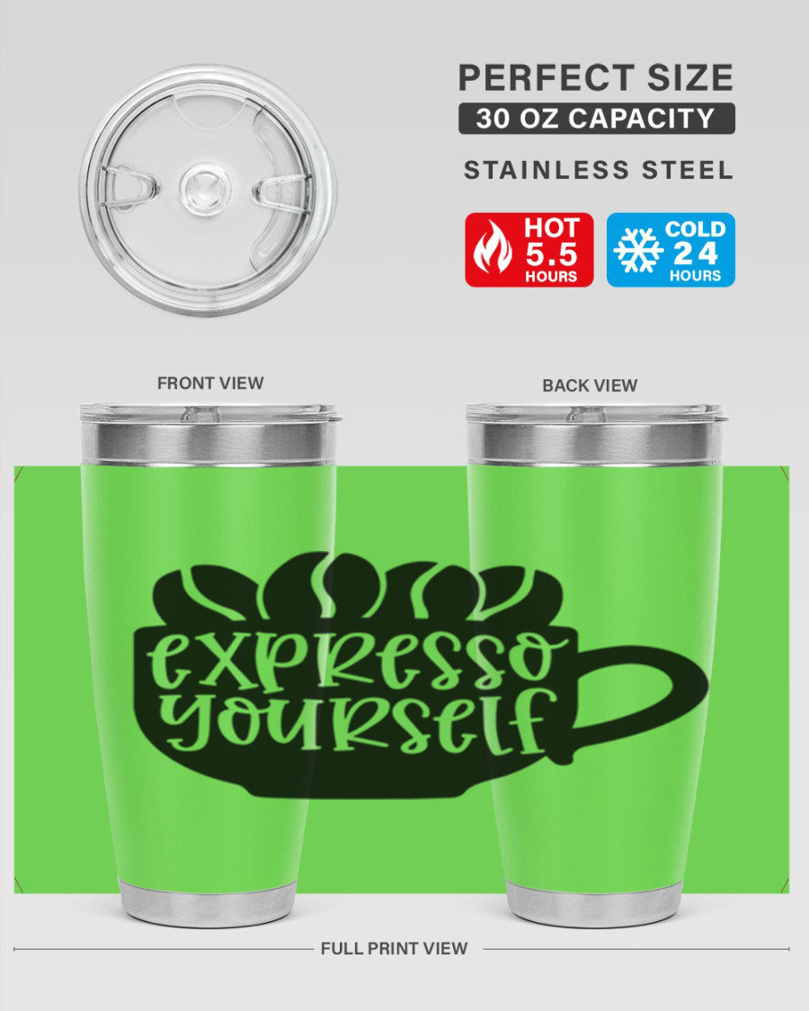 Expresso Yourself 56# Wine Tumbler in stainless steel with a sleek design, showcasing its double wall vacuum insulation and drink-thru lid.