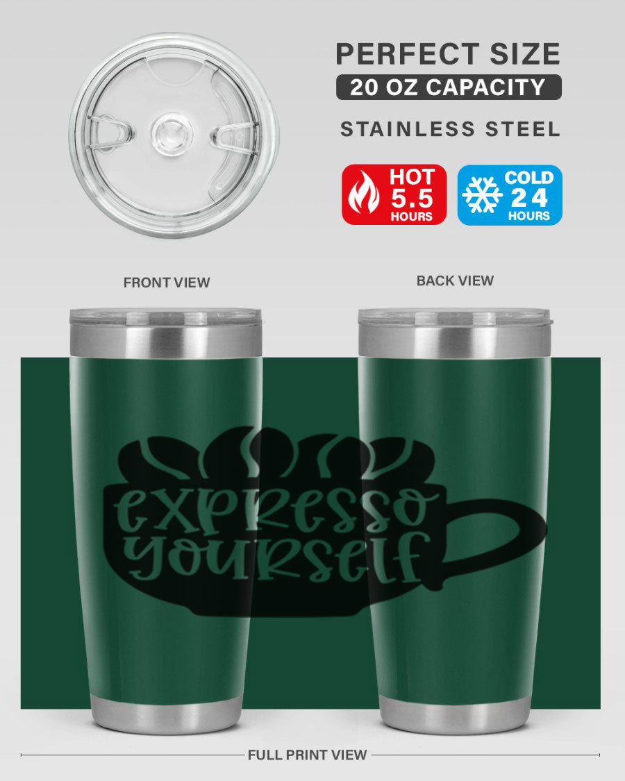 Expresso Yourself 56# Wine Tumbler in stainless steel with a sleek design, showcasing its double wall vacuum insulation and drink-thru lid.