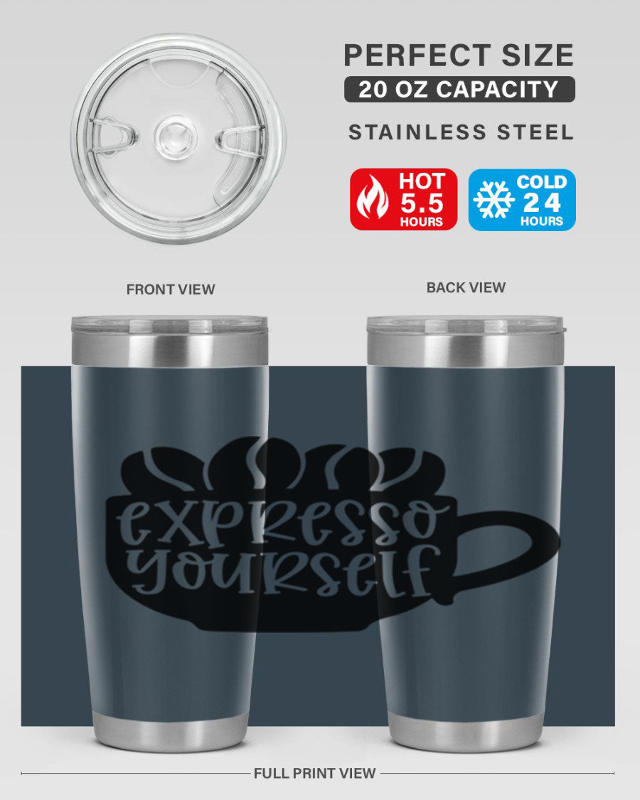 Expresso Yourself 56# Wine Tumbler in stainless steel with a sleek design, showcasing its double wall vacuum insulation and drink-thru lid.