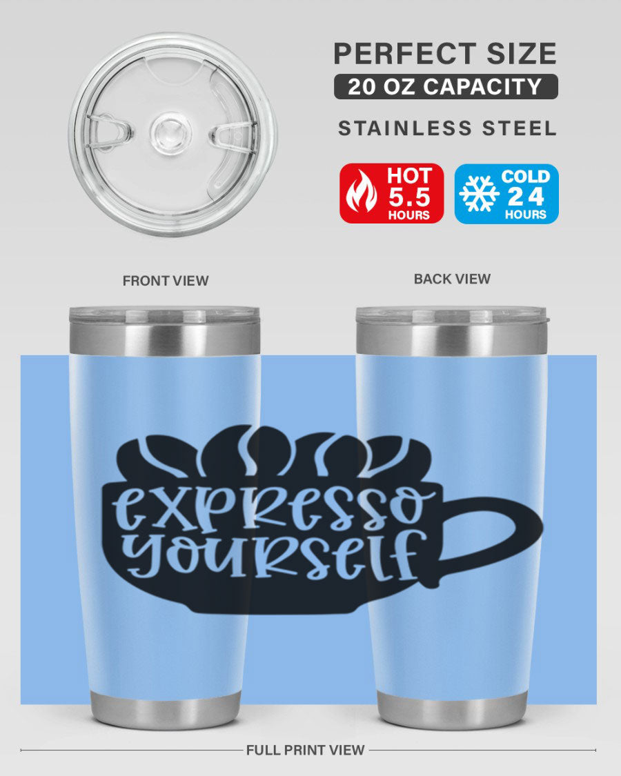 Expresso Yourself 56# Wine Tumbler in stainless steel with a sleek design, showcasing its double wall vacuum insulation and drink-thru lid.