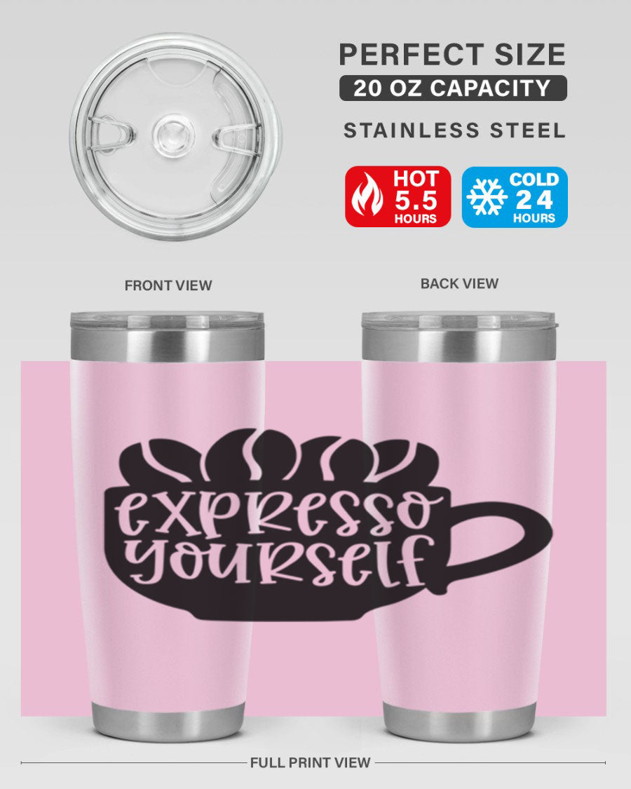 Expresso Yourself 56# Wine Tumbler in stainless steel with a sleek design, showcasing its double wall vacuum insulation and drink-thru lid.
