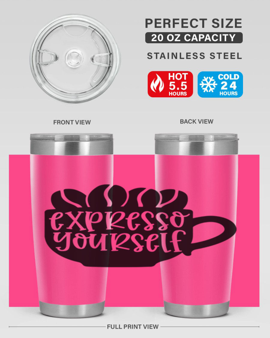 Expresso Yourself 56# Wine Tumbler in stainless steel with a sleek design, showcasing its double wall vacuum insulation and drink-thru lid.