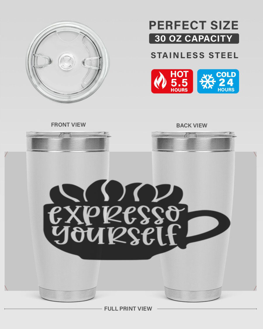 Expresso Yourself 56# Wine Tumbler in stainless steel with a sleek design, showcasing its double wall vacuum insulation and drink-thru lid.