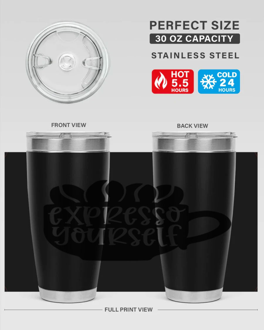 Expresso Yourself 56# Wine Tumbler in stainless steel with a sleek design, showcasing its double wall vacuum insulation and drink-thru lid.