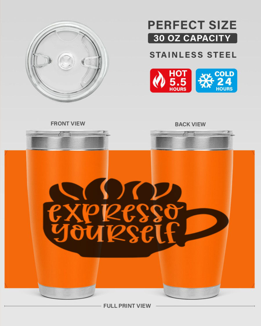 Expresso Yourself 56# Wine Tumbler in stainless steel with a sleek design, showcasing its double wall vacuum insulation and drink-thru lid.