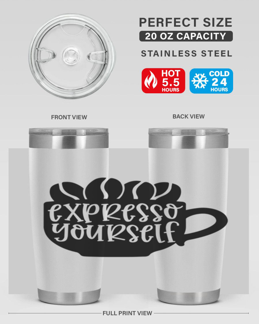 Expresso Yourself 56# Wine Tumbler in stainless steel with a sleek design, showcasing its double wall vacuum insulation and drink-thru lid.