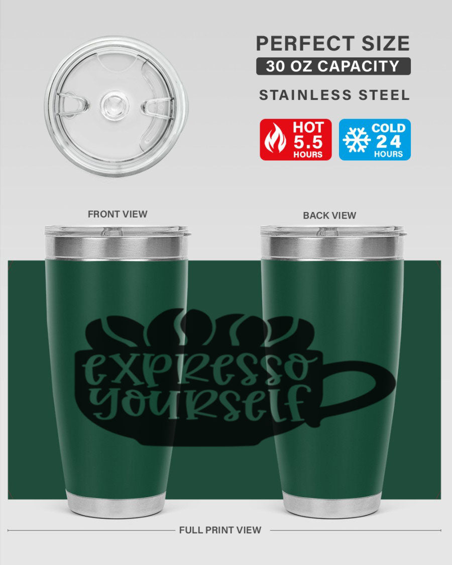 Expresso Yourself 56# Wine Tumbler in stainless steel with a sleek design, showcasing its double wall vacuum insulation and drink-thru lid.