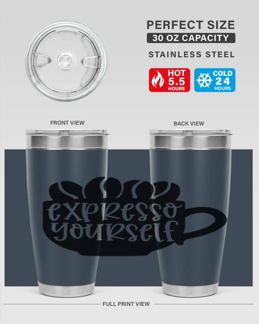 Expresso Yourself 56# Wine Tumbler in stainless steel with a sleek design, showcasing its double wall vacuum insulation and drink-thru lid.