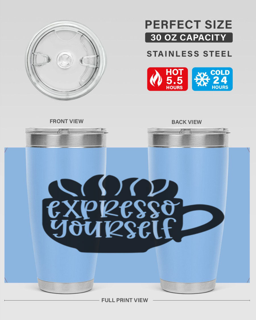 Expresso Yourself 56# Wine Tumbler in stainless steel with a sleek design, showcasing its double wall vacuum insulation and drink-thru lid.