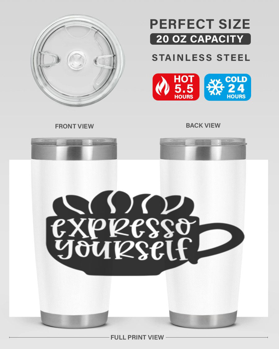 Expresso Yourself 56# Wine Tumbler in stainless steel with a sleek design, showcasing its double wall vacuum insulation and drink-thru lid.