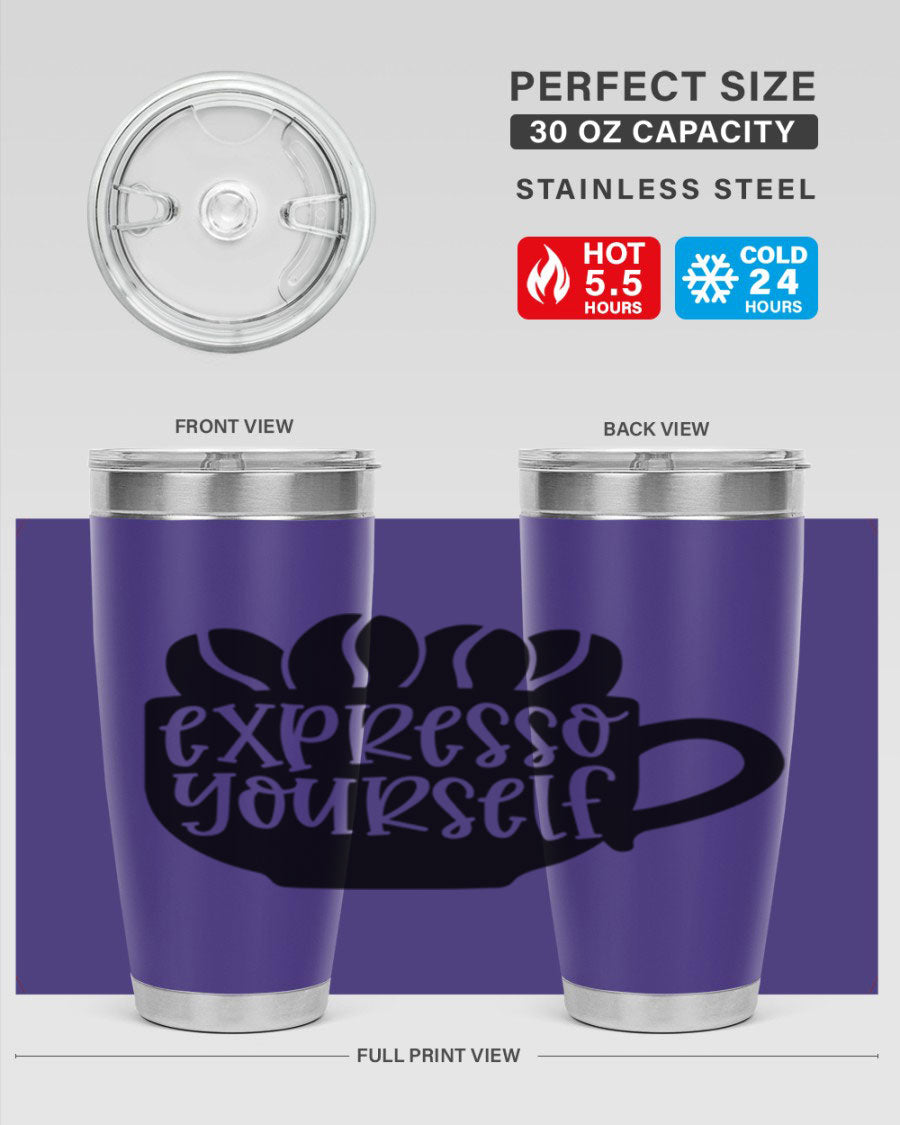 Expresso Yourself 56# Wine Tumbler in stainless steel with a sleek design, showcasing its double wall vacuum insulation and drink-thru lid.