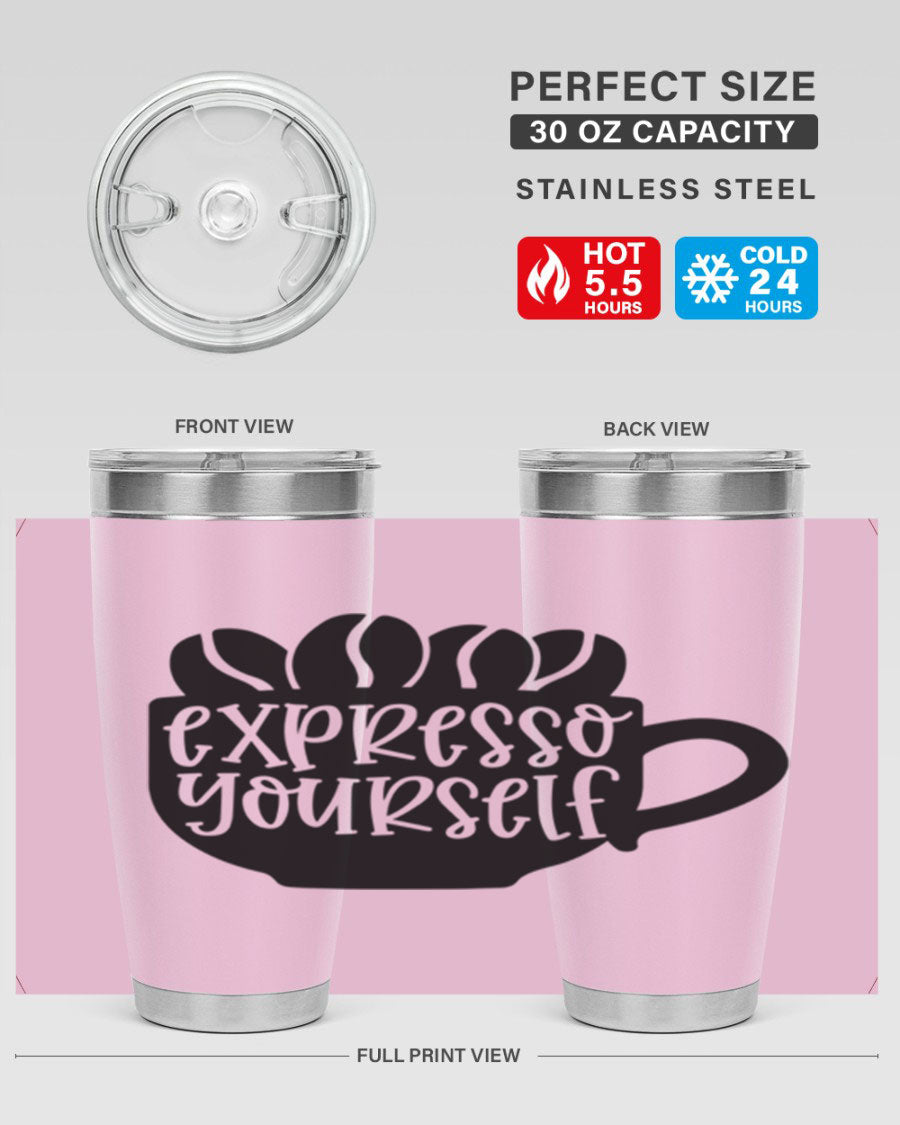 Expresso Yourself 56# Wine Tumbler in stainless steel with a sleek design, showcasing its double wall vacuum insulation and drink-thru lid.