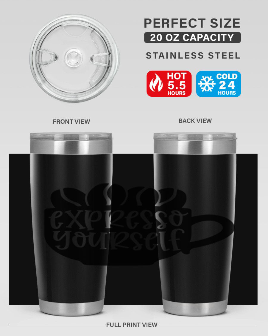 Expresso Yourself 56# Wine Tumbler in stainless steel with a sleek design, showcasing its double wall vacuum insulation and drink-thru lid.