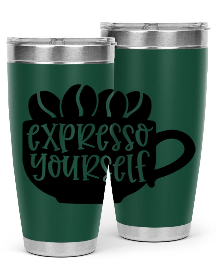 Expresso Yourself 56# Wine Tumbler in stainless steel with a sleek design, showcasing its double wall vacuum insulation and drink-thru lid.
