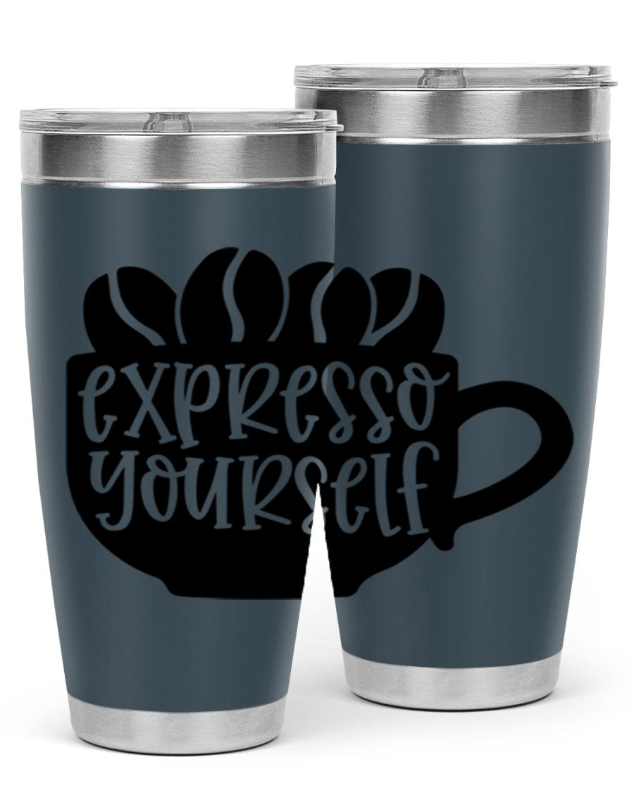 Expresso Yourself 56# Wine Tumbler in stainless steel with a sleek design, showcasing its double wall vacuum insulation and drink-thru lid.
