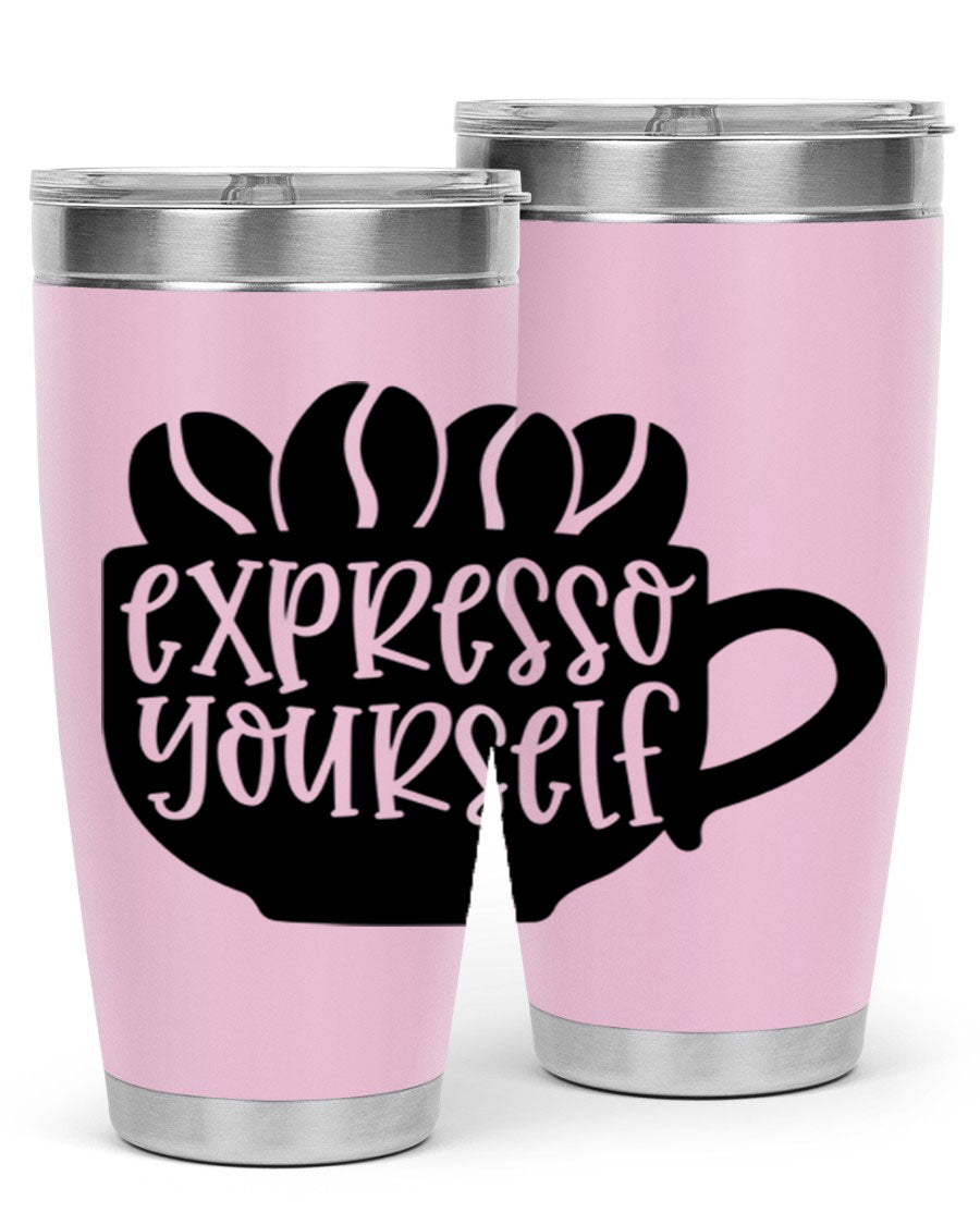 Expresso Yourself 56# Wine Tumbler in stainless steel with a sleek design, showcasing its double wall vacuum insulation and drink-thru lid.